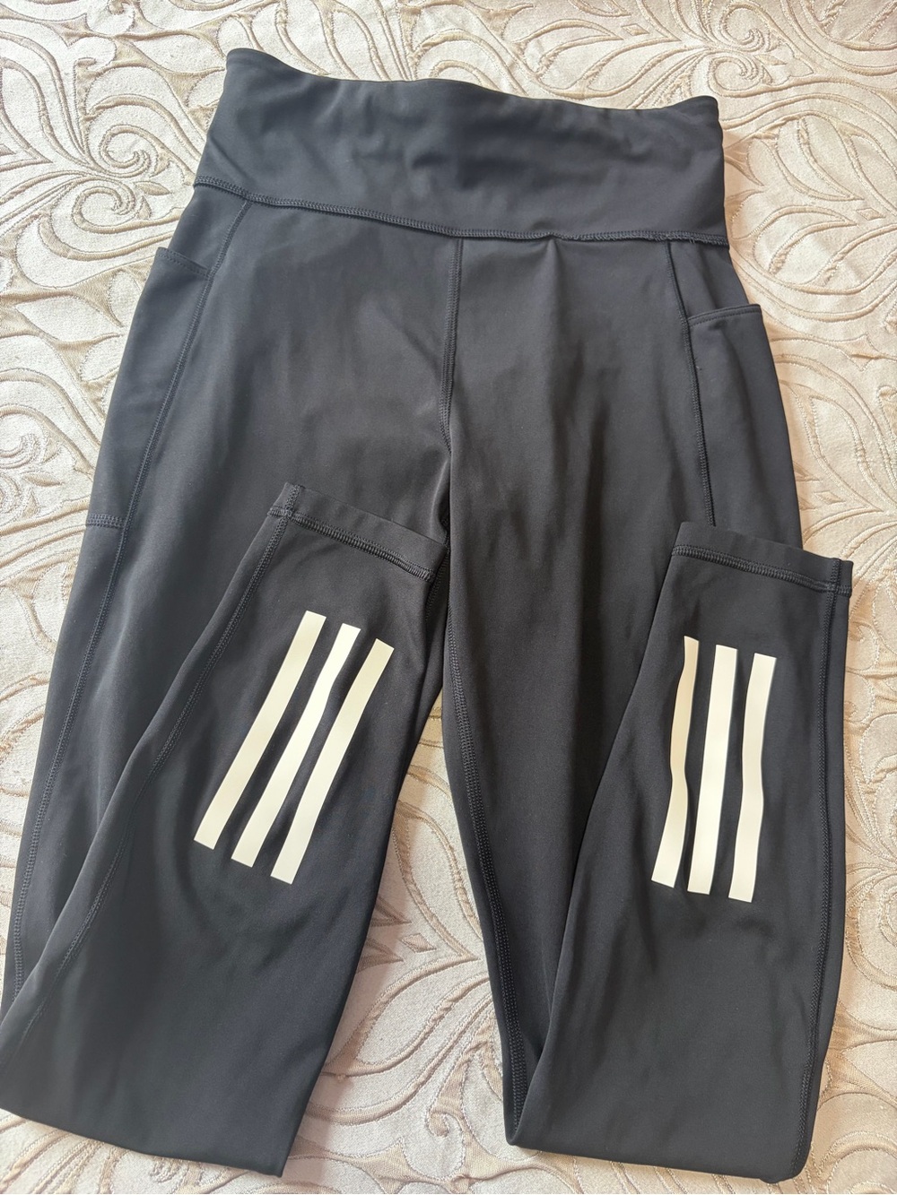 adidas Black High-Waist Leggings with White Side Stripes